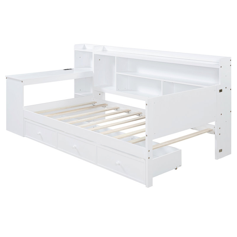 Twin Size Wooden Daybed With 3 Drawers, USB Ports And Desk, White