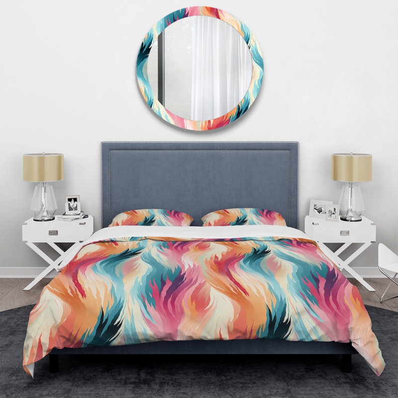 Turquoise And Pink Ethereal Ikat Fusion Box Stitch Abstract Duvet Cover, King Duvet Cover + 2 King Shams