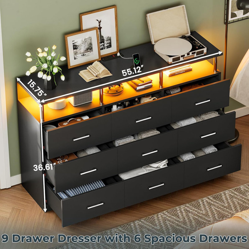 57'' W Dresser with 9 Drawers Black