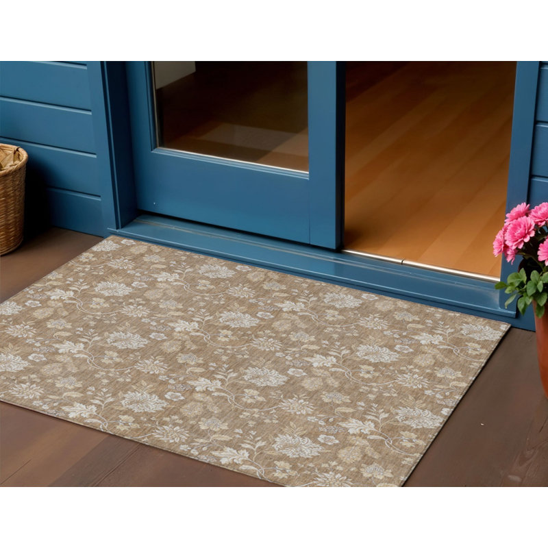 3' X 5' Copper And Beige Floral Washable Indoor Outdoor Area Rug