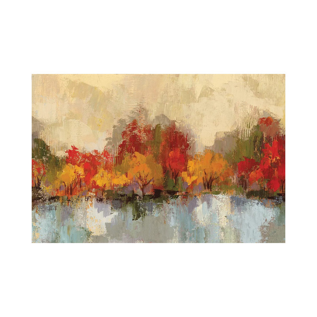 Herbstliche Flussreflexion von Silvia Vassileva - Giclée auf Leinwand ohne Rahmen