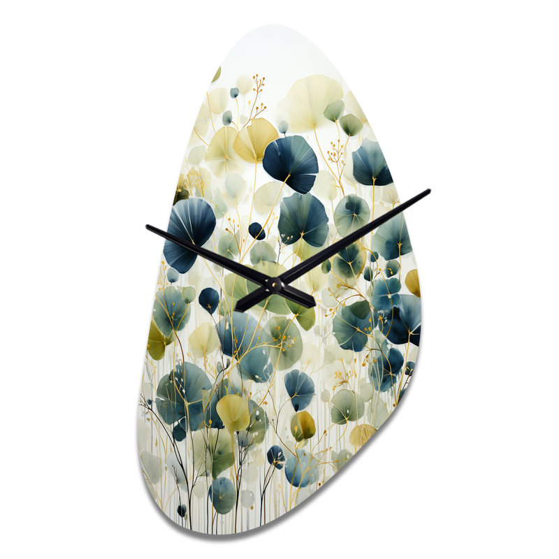 Bleu vert botanique élégance - horloge murale asymétrique en métal, impression de forme unique moderne, Moyenne