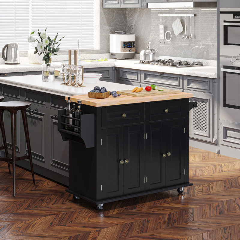 Kitchen Island On Wheels, Rolling Cart With Rubberwood Top, Spice Rack, Towel Rack And Drawers, Black