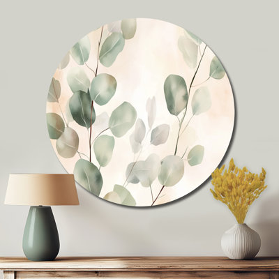Rosé eucalyptus lueur I - art mural rond vert botanique en métal