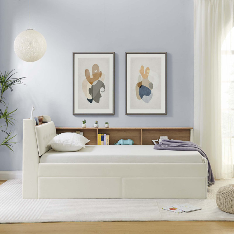 Lit de jour multifonctionnel avec deux tiroirs de rangement et lumières DEL, chargement sans fil, Beige