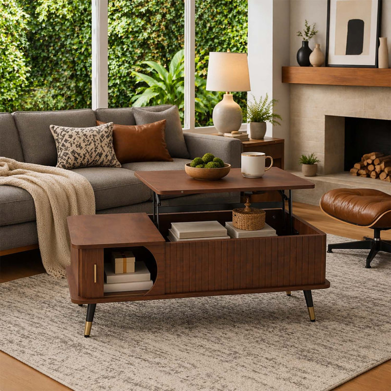 Table basse à plateau relevable en bois avec compartiment caché et grande tablette de rangement, Noyer + noir