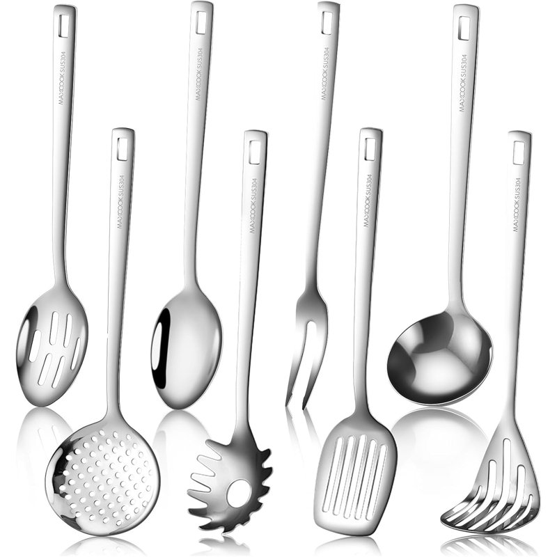 Ensemble d'ustensiles de cuisine en acier inoxydable 18/8 de qualité supérieure - Outils de cuisine 8 pièces avec cuillère rainurée, louche, spatule, presse-purée et plus encore - lavable au lave-vaisselle, conception ergonomique pour une cuisson po
