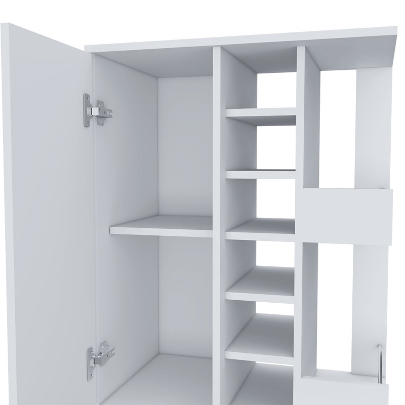 32" H bar-coffee cart, cabinet storage, with 4 wheels, 1 divided storage with 1 shelf, 1 folding door, a central vertical division for 6 bottles and 2 side shelves with front