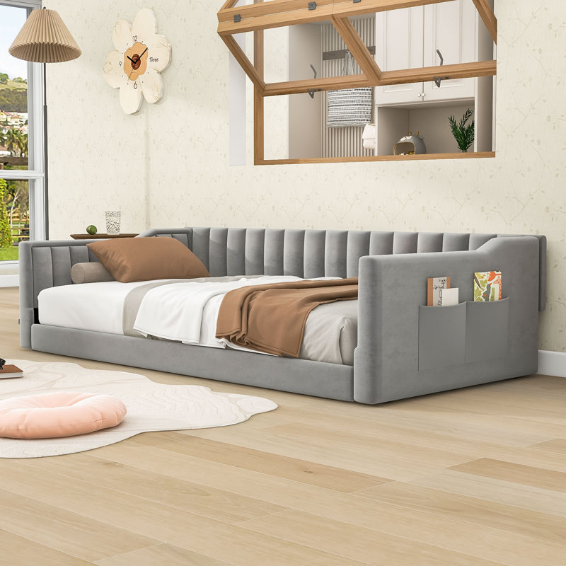 Upholstered Daybed with Slats and Side Storage Pocket, Gray, Extra-Long Twin