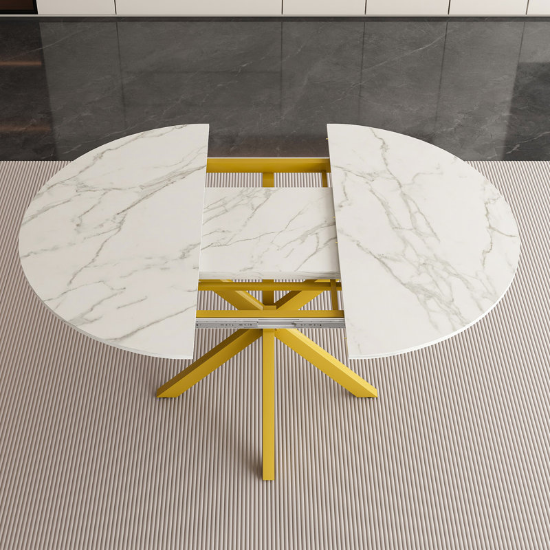  Table de salle à manger ronde extensible, plateau en marbre avec base en acier au carbone, table de cuisine moderne pour 4 à 6 personnes, blanc