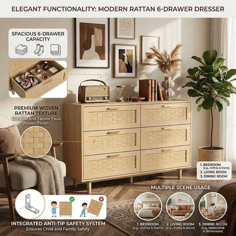 115cm 6-Drawer Chest with Faux Rattan Panel, Japandi Wide PVC Woven Dresser with Anti-Tip Device & Metal Handles,  Oak / Black
