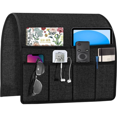 Porte-télécommande, organisateur d'accoudoir noir pour fauteuil | 6 poches de rangement antidérapantes, pour fauteuil inclinable, canapé, etc. Parfait pour ranger les magazines, la tablette, le Kindle et le téléphone.