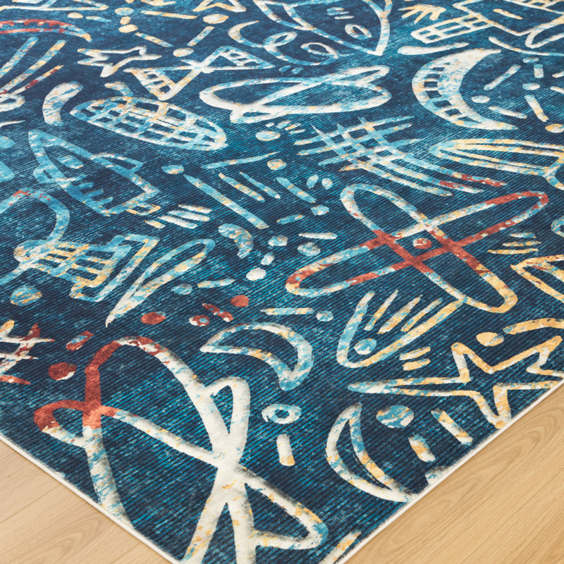 Merzglyphs by Katie Merz Galaxy Teal Space Machine Washable Area Rug, Rectangle 7'9" x 9'9"