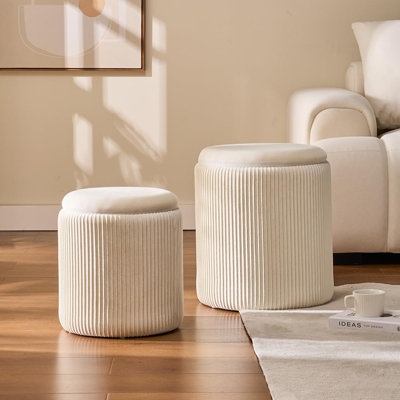 Round Set Of 2 Ottoman With Storage-Upholstered Velvet Vanity Stool For Makeup Multifunctional Ottomans Coffee Table Padded Seat Foot Rest For Living by Everly Quinn