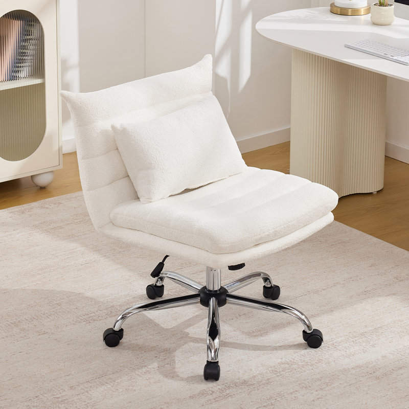 Armless Office Chair Soft Chenille Fabric Adjustable Height With Bonus Pillow And Wheels, White