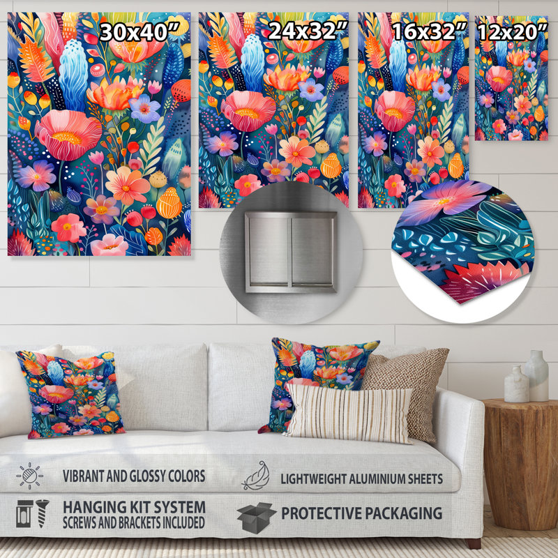 Décoration murale fleurs roses et bleues sous l'eau IV - Fleurs sauvages, Sans cadre, métal, H 12 po x l 20 po