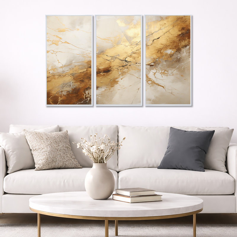 «Beige and Gold Marble Lightning I», ensemble d'art mural sur toile à formes abstraites, H 32 po x l 48 po x P 1 po