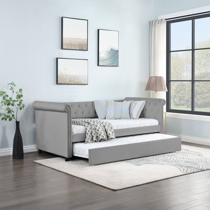 Daybed With Trundle Upholstered Tufted Sofa Bed, With Beautiful Round Armset Design