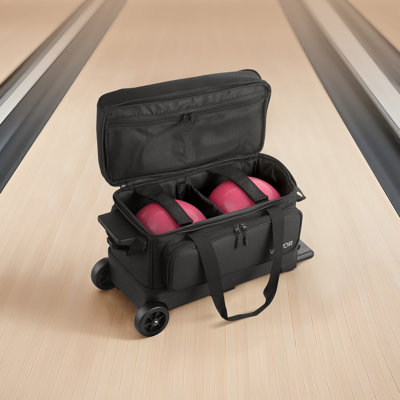 Sac de jeu de boules de bowling, sac de bowling double à roulettes à 2 balles avec roulettes, comprenant un compartiment séparé pour les chaussures (jusqu'à la taille US 16) et une poche pour accessoires surdimensionnée, la poignée rétractable s'étend jusqu'à 41,32 po