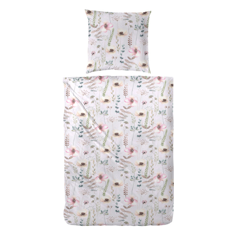 East Urban Home Kurie Cotton Floral Duvet Cover Set with Pillow Shams and Pillowcases, Pink/Green