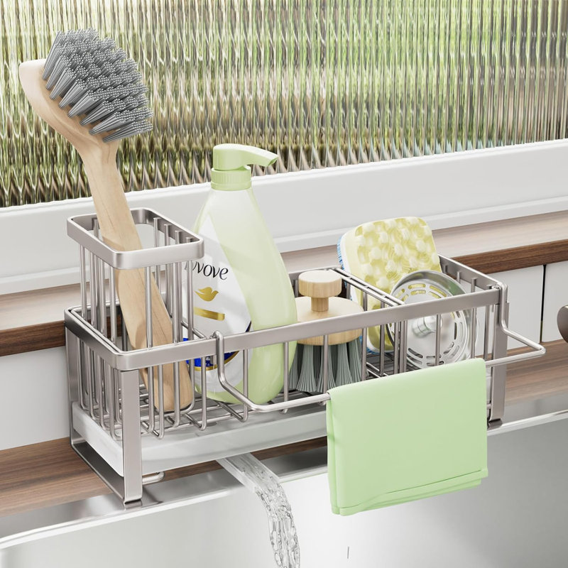 Organisateur de chariot d'évier de cuisine SWTYMIKI - Support en éponge en acier inoxydable avec drain et porte-brosse