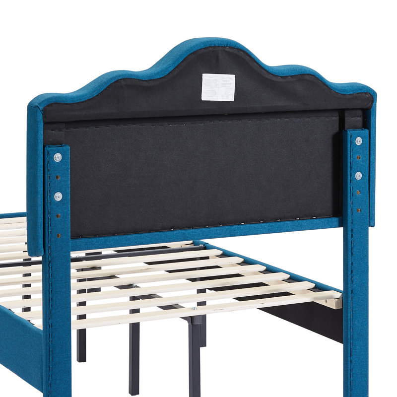 Structure de lit double avec tête de lit réglable, lit plateforme tapissier, sommier, aucun sommier requis, Lit double, Bleu