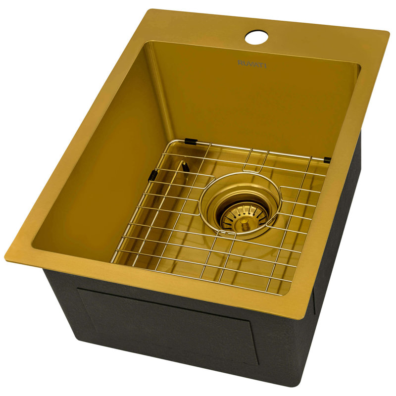 Tirana 15" L x 15" W Drop-In Bar Sink, Matte Gold Satin Brass, 20" L x 15" W