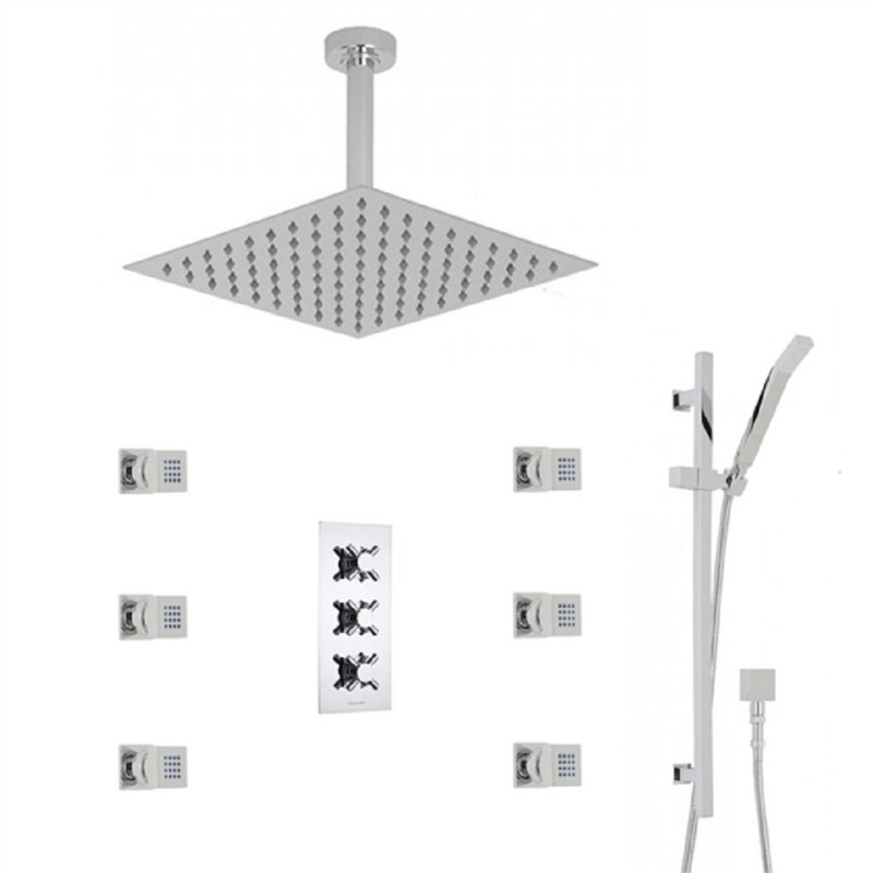 Kristal Thermostatic 3-Outlet Shower System Set with 12" Square Rainfall Head & 6 Body Jets