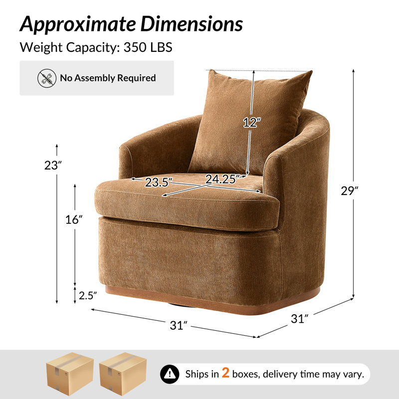Berklie 31"W Modern Chenille Swivel Armchair With Ergonomic Backrest And Solid Wood Legs, Caramel