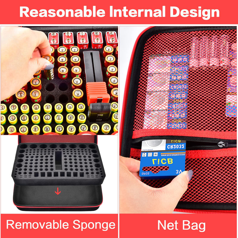 Graffias 9" W Battery Organizer Storage Case with Tester, Black/Red