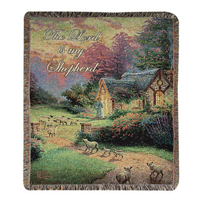 Manual Woodworkers & Weavers Good Shepherds Cottage Tapestry Throw 50 x 60 Inch Cotton Green Blue
