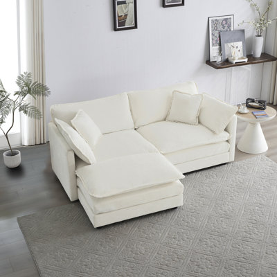 Canapé modulaire en chenille blanc avec 1 repose-pieds et tissu 2 places confortable pour espaces compacts, blanc, bois, respirant