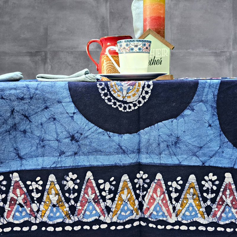 Pagur Batik Cotton Paisley Floral Tablecloth, Blue, 60", Square