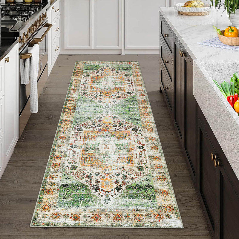 Area RugRugs for Living RoomNon Slip Stain Resistant Kitchen RugVintage Distressed Accent Rug Floor Cover for Bedroom, Green