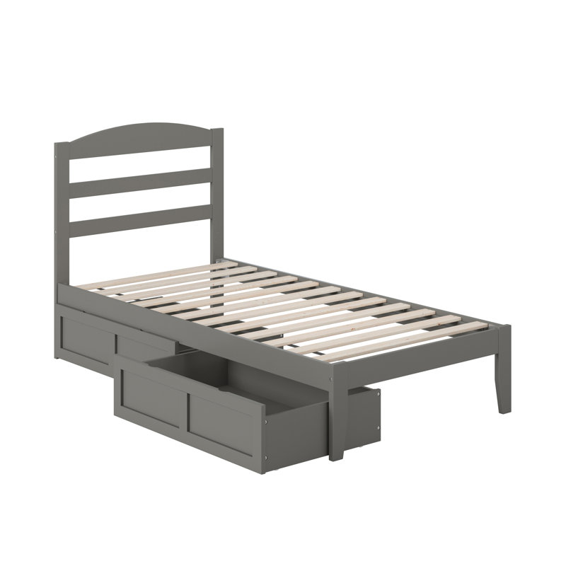 Elliana Solid Wood Platform Bed with Storage Drawers & Built-in Charging Station, Gray, Extra-Long Twin