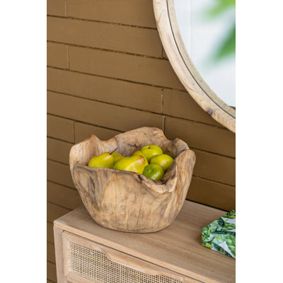 Bol décoratif en teck sculpté à la main Enny, bol décoratif bohémien pour table, comptoir, tablette ou pièce maîtresse, 14 po x 12 po x 8 po