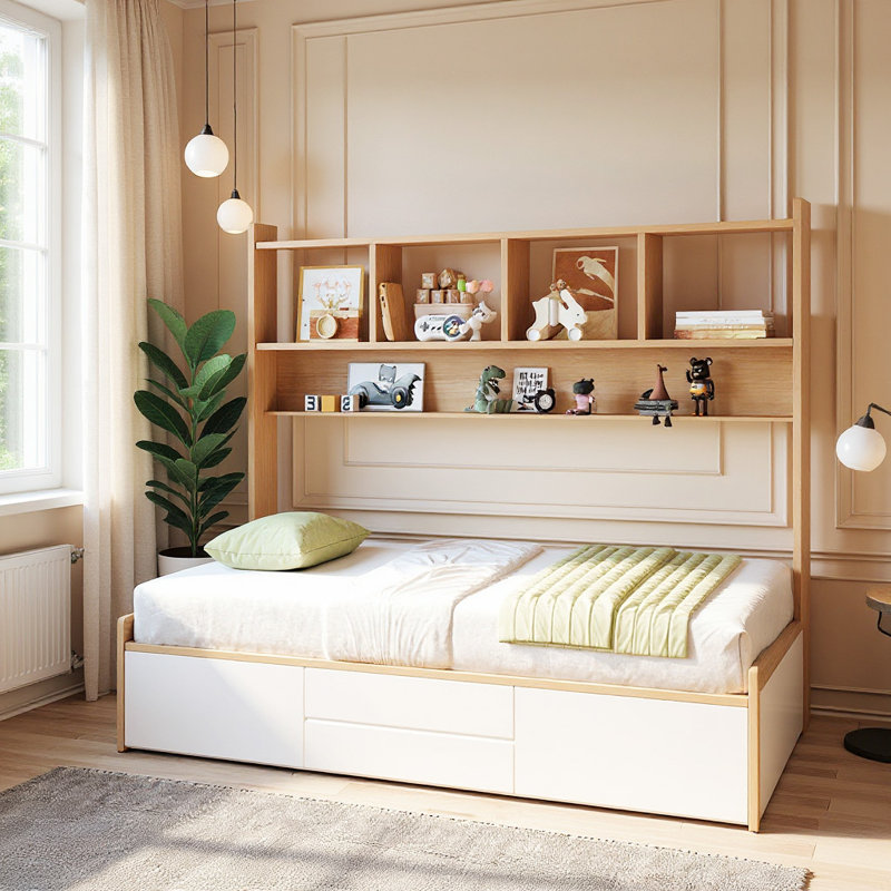 Andriena Full-size multifunctional bed with four storage drawers and  bookshelf, suitable for one person, in natural color