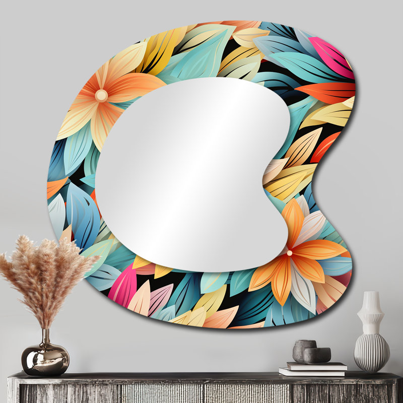 Lampkin Multicolor Chrysanthemum Mandala Boho Pattern - Floral Irregular Shape Decorative Wall Mirror, Cottage Asymmetrical Mirror, Printed Metal Art