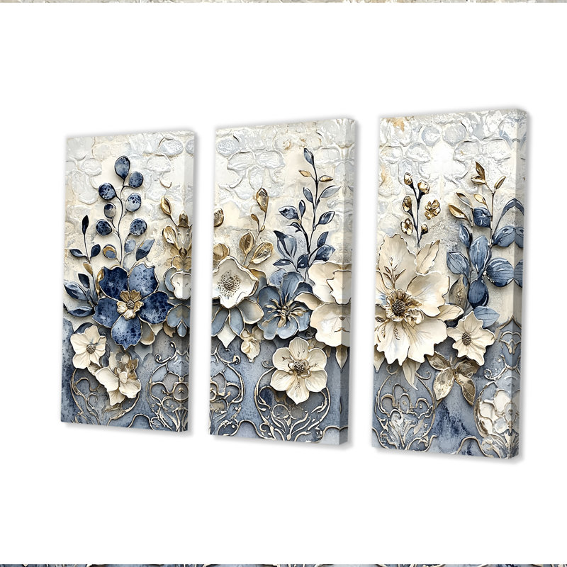 «White and Blue Floral Abstract Tiles II», ensemble d'art mural fleurs, H 28 po x l 36 po x P 1 po, Toile tendue