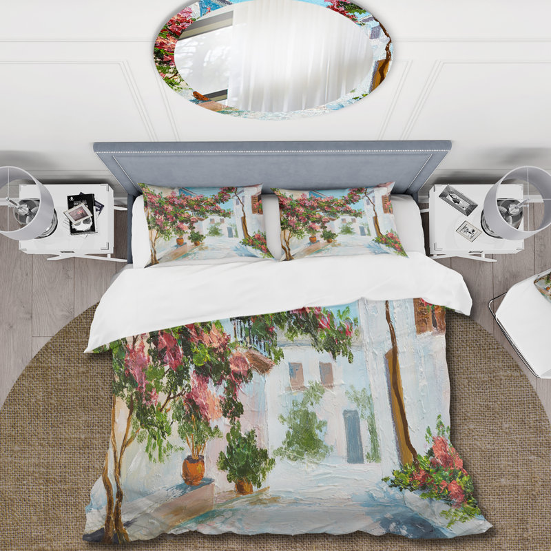 Maison blanche avec fleurs en fleurs près de la mer - Ensemble de housse de couette nautique - Polyester en microfibre
