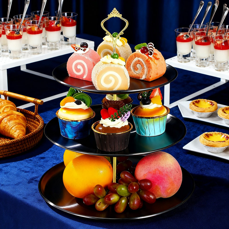 Présentoir à petits gâteaux, présentoir à dessert en acier inoxydable à 3 niveaux, paquet de 2 (or), Noir