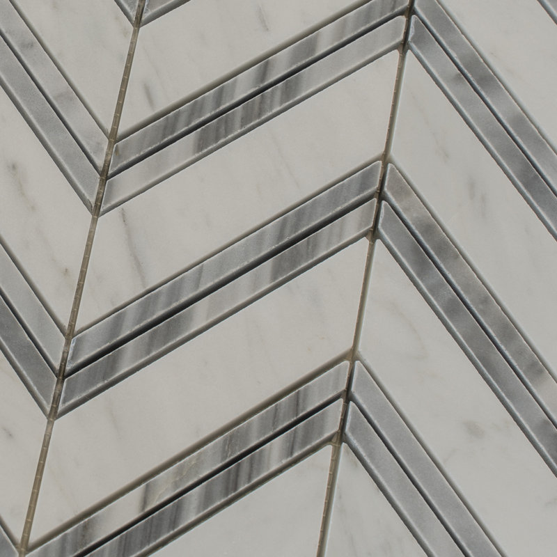 11" X 11.8" Herringbone Marble Polished Tile, Gray/White
