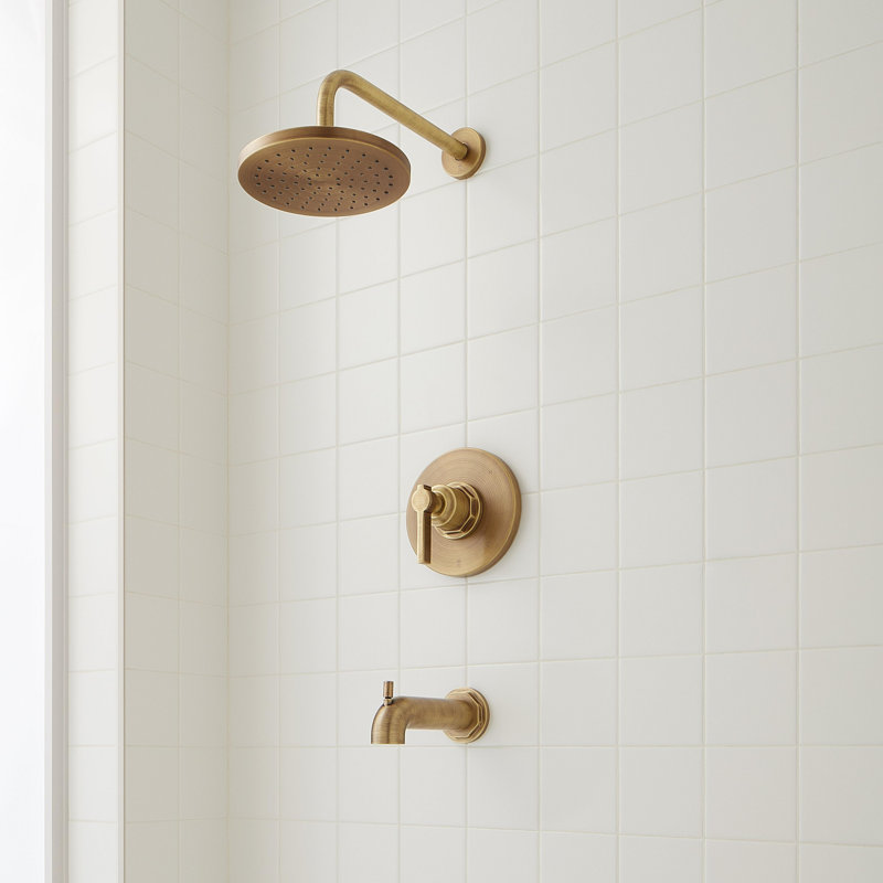 Greyfield Pressure Balanced Tub and Shower Trim Package with Shower Head and Tub Spout, Aged Brass