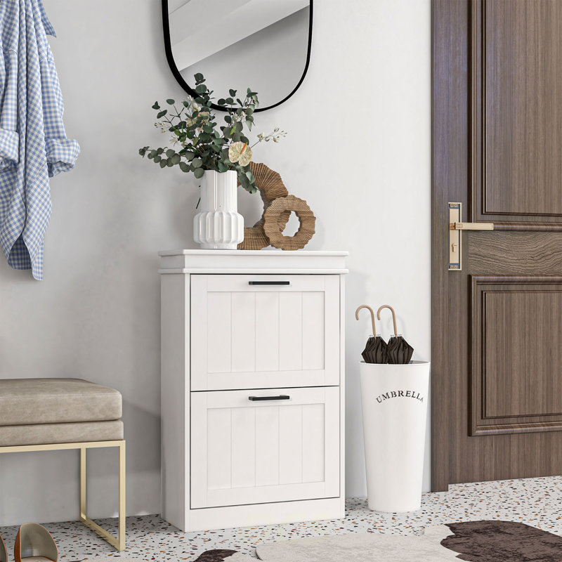 Shoe Cabinet For Entryway, Narrow Shoe Rack Storage Organizer With 2 Flip Drawers And Adjustable Shelves For 10 Pairs Of Shoes, White, Shoe Storage