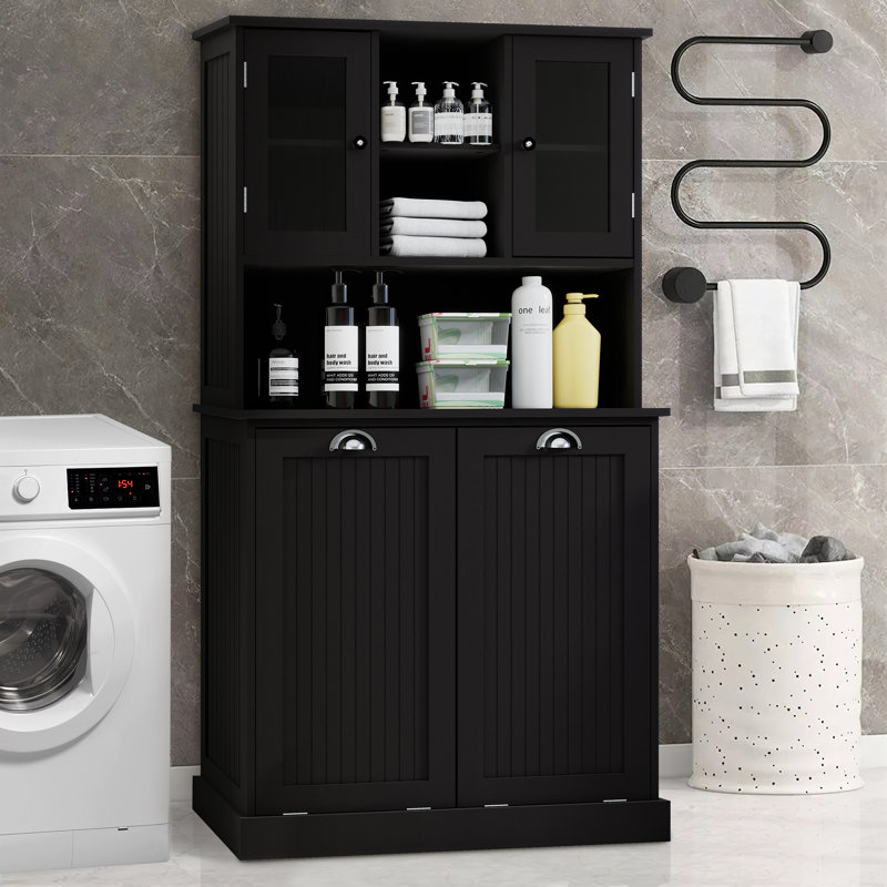 59.6" Tall Bathroom Cabinet with Double Tilt-Out Laundry Hampers and Adjustable Shelves, Satin Black