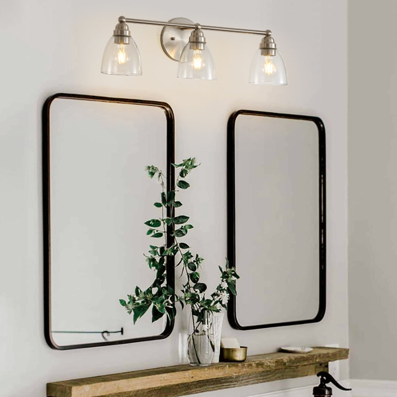 Luminaire de salle de bain moderne à 3 lumières en nickel brossé avec abat-jour en verre transparent, appliques murales E26 au-dessus du miroir pour le couloir de la chambre à coucher du salon (ampoule non incluse)