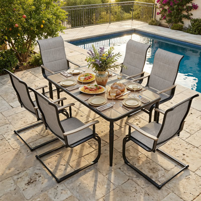 7-piece Outdoor Dining Set With Padded Textilene C-spring Motion Chairs
