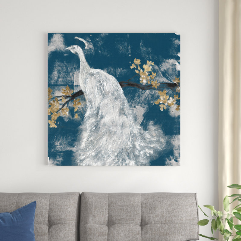 Paon blanc sur indigo II, H 36 po x l 36 po