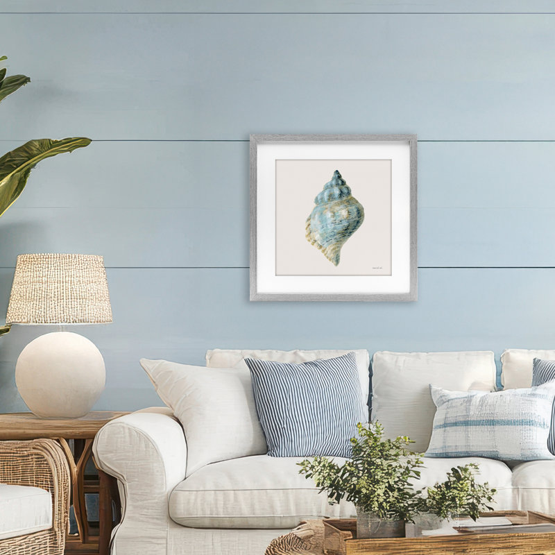 «Coastal Bliss Conch Shell», reproduction sous verre, conception de Danhui Nai, Cadre de ferme gris, H 16 po x l 16 po