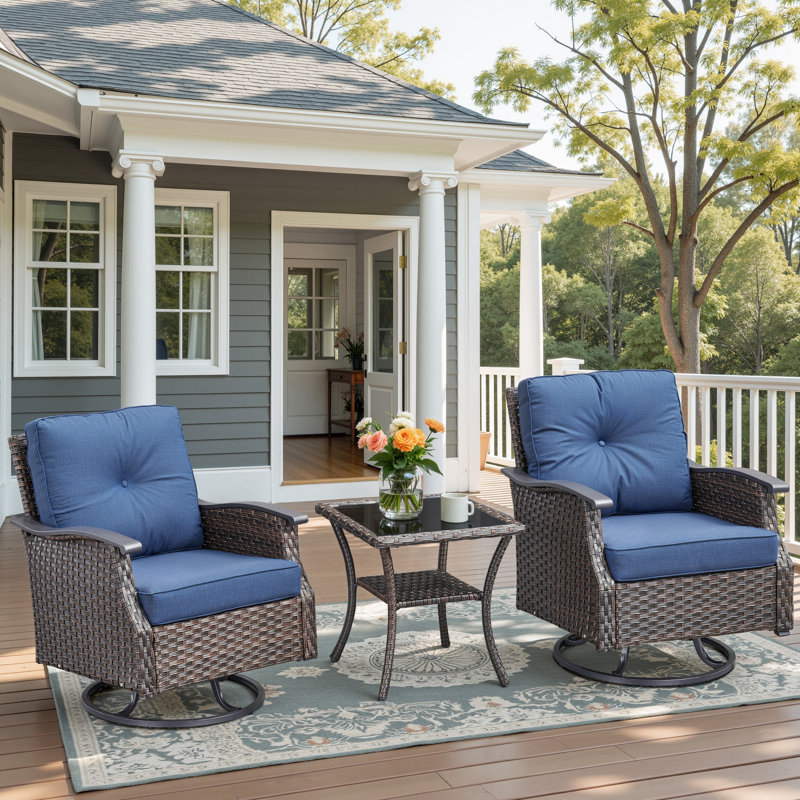 Brown Wicker 3-Piece Patio Set with Blue Cushions and Side Table